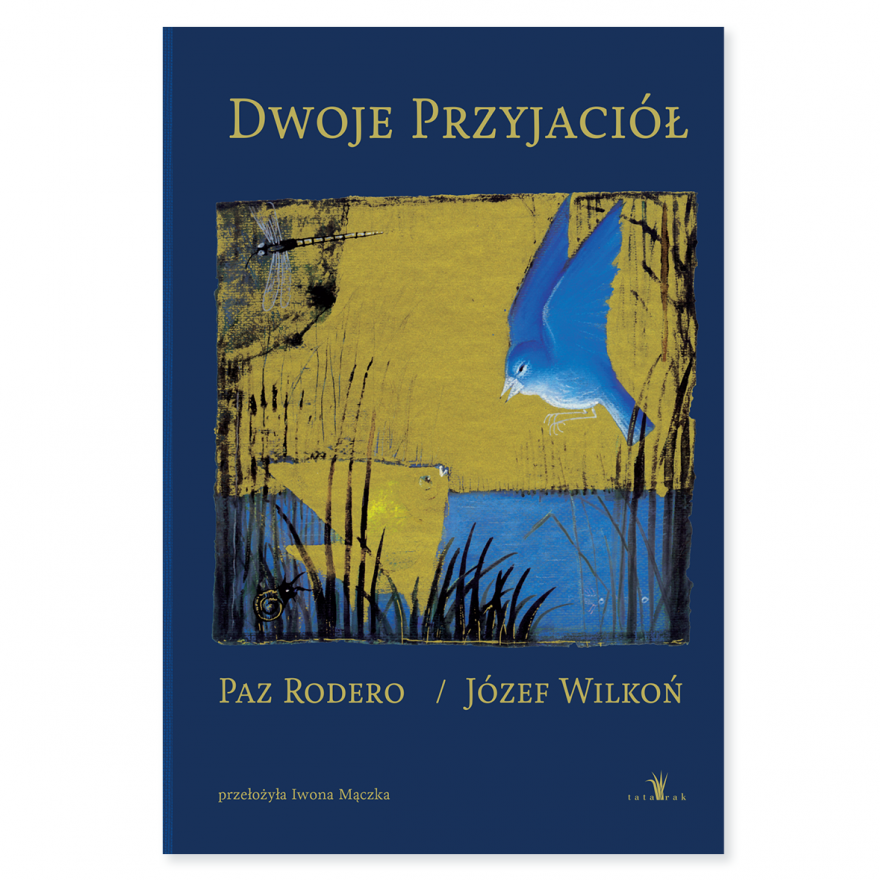 Okladka-ksiazki-pt.-Dwoje-przyjaciol,-autorstwa-Paz-Rodero-z-ilustracjami-mistrza-Jozefa-Wilkonia.-W-srodku-autograf-Jozefa-Wilkonia.-Granatowa-okladka-ze-zlota-ilustracja..png